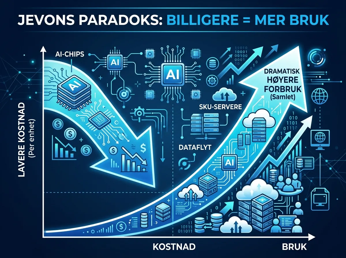 Illustrasjon av Jevons paradoks: lavere kostnad fører til dramatisk høyere forbruk av AI-compute og minnechips