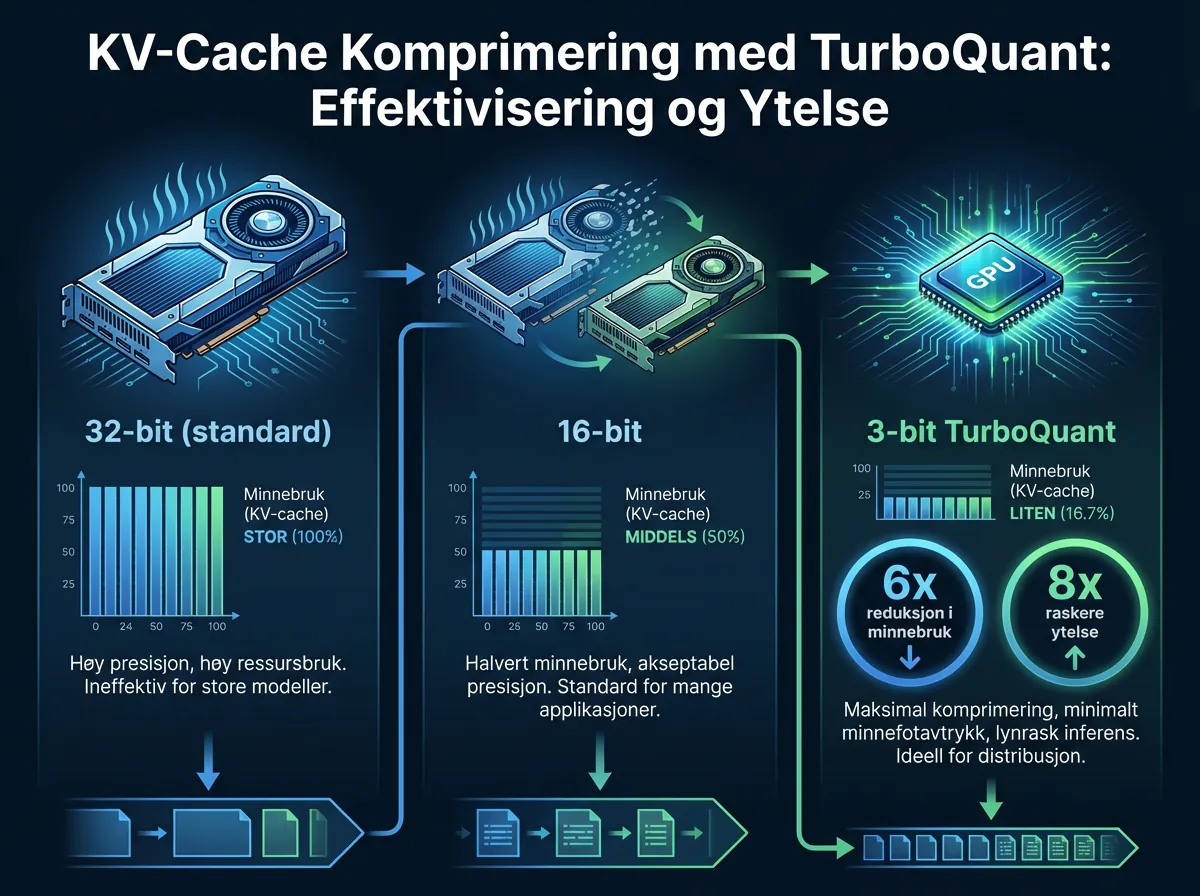 Infografikk som sammenligner 32-bit, 16-bit og 3-bit KV-cache komprimering med TurboQuant