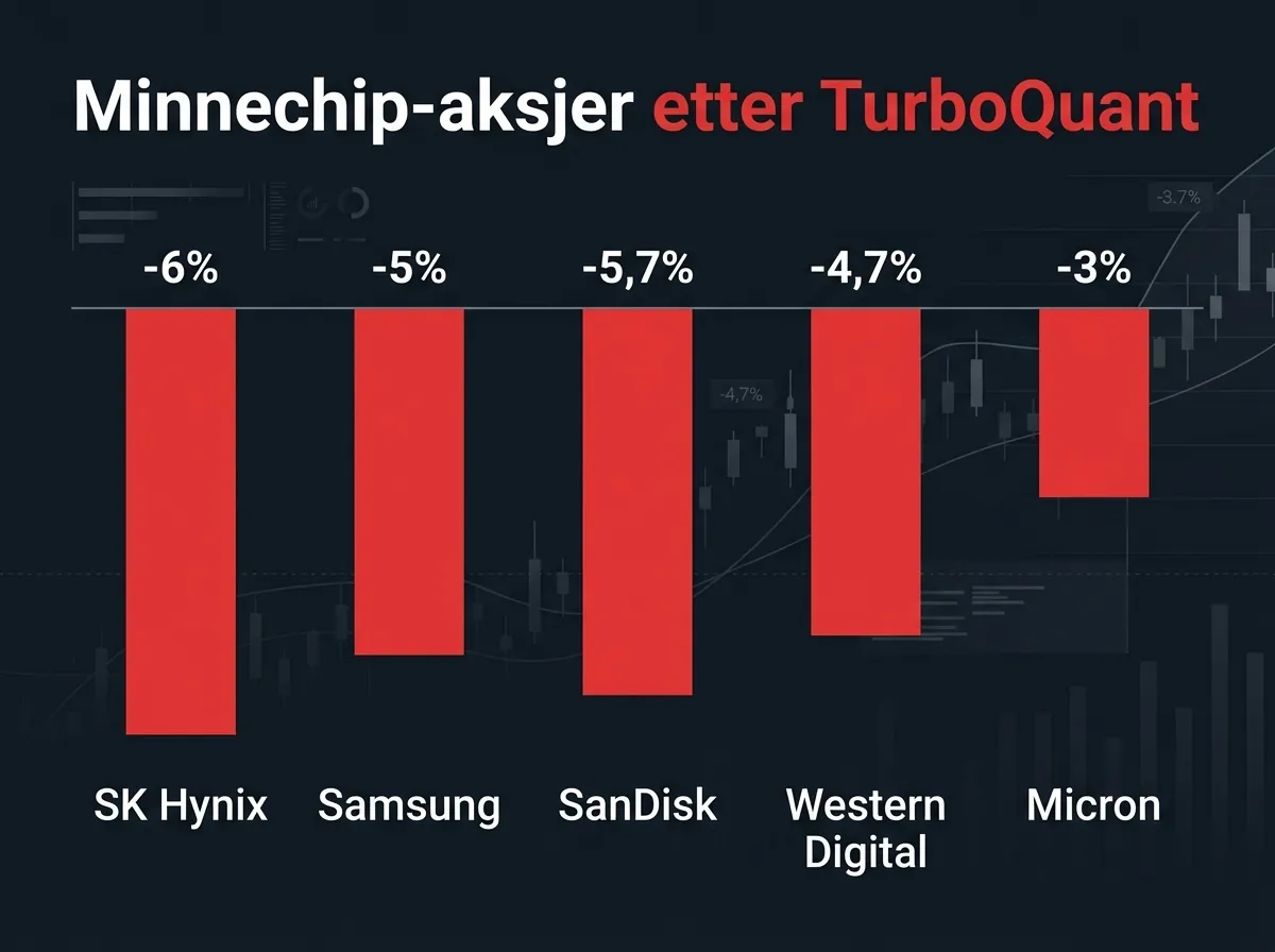 Infografikk over minnechip-aksjekursfall etter TurboQuant: SK Hynix ned 6%, Samsung ned 5%, SanDisk ned 5,7%, Micron ned 3%