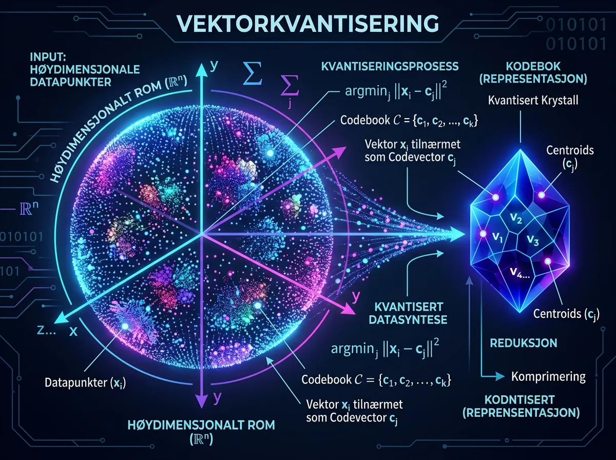 Illustrasjon av høydimensjonale vektorer som komprimeres til en kompakt krystall via TurboQuant-algoritmen