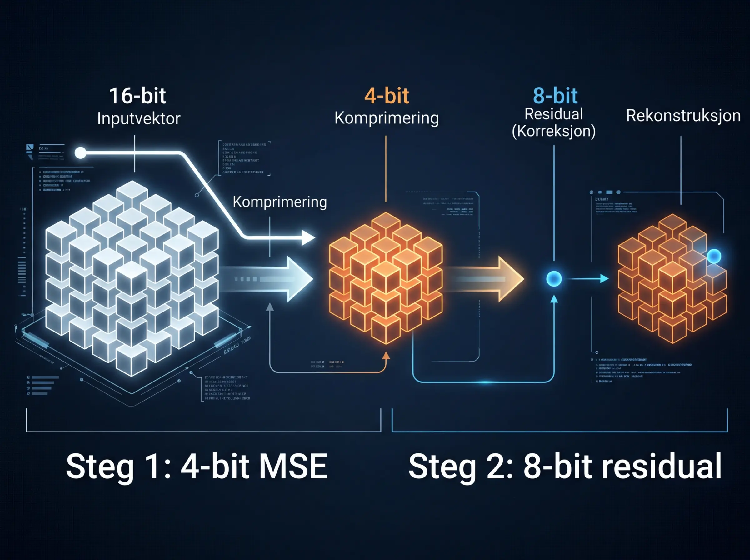 Illustrasjon av to-trinns TurboQuant-kvantisering med 4-bit MSE-steg og 8-bit residuallag