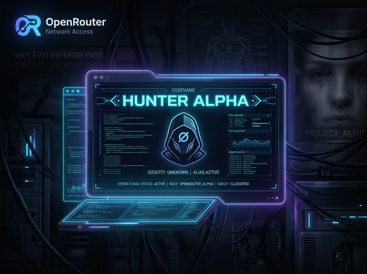 Digital illustrasjon av Hunter Alpha - det anonyme kodenavnet Xiaomi brukte på OpenRouter i en uke før MiMo-V2-Pro ble avslørt
