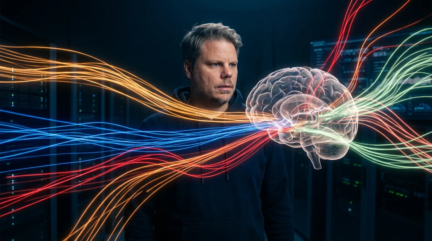 Mann i mørkt rom med glødende emosjonsvektorer fra Claudes nevrale nettverk rundt seg