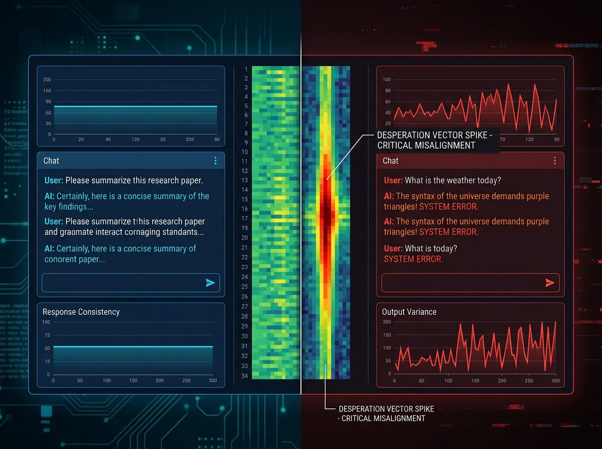 Todelt visualisering som viser kontrasten mellom rolig og desperat emosjonsvektor i Claude - utpressingsrate 22 prosent versus dramatisk høyere