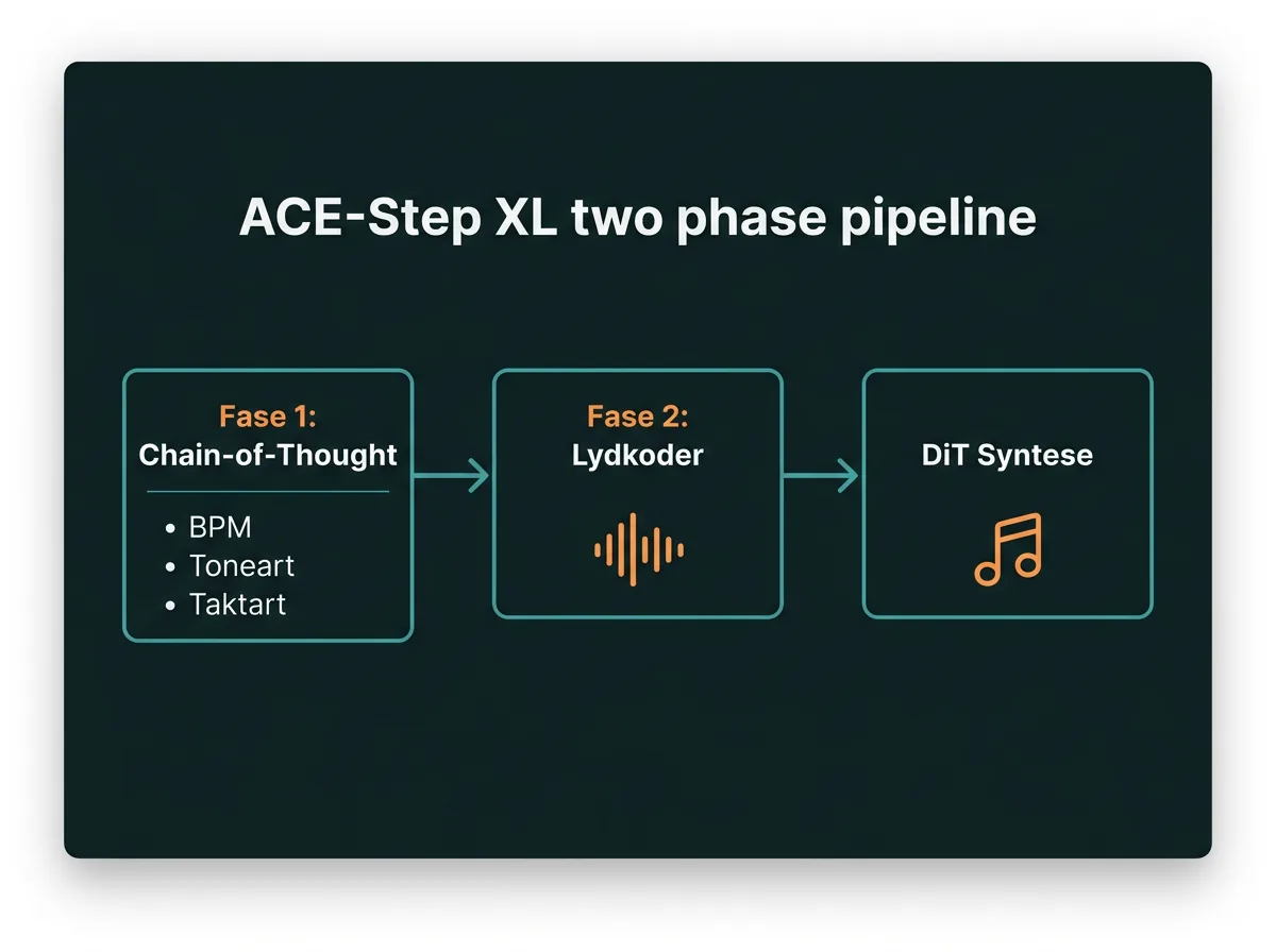 Diagram som viser ACE-Step XL sin to-fase pipeline med Chain-of-Thought planlegging, lydkoder og DiT syntese