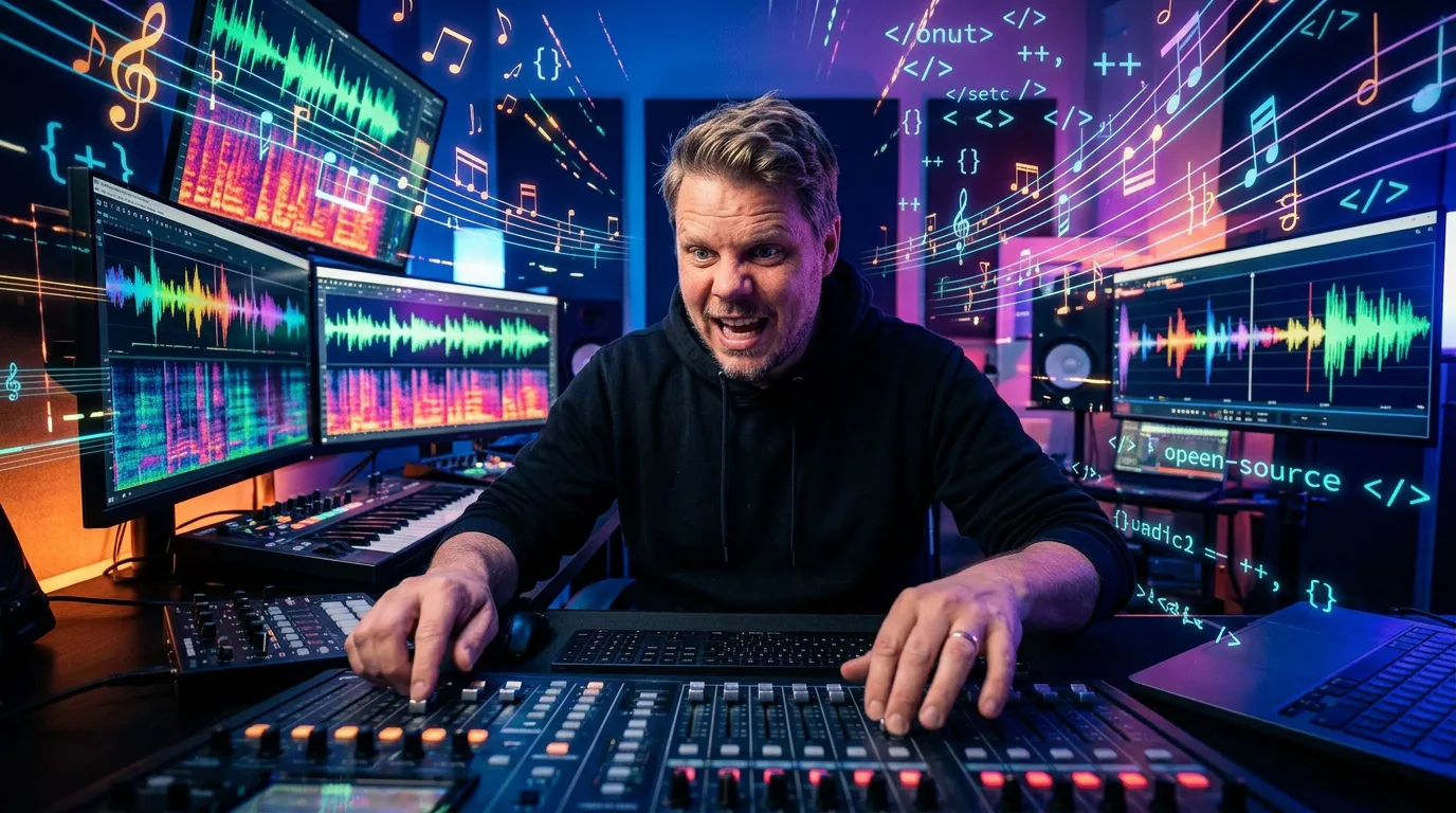 Jan Sverre lager AI-musikk med ACE-Step 1.5 XL ved mixing board med lydbølger og spektrogrammer
