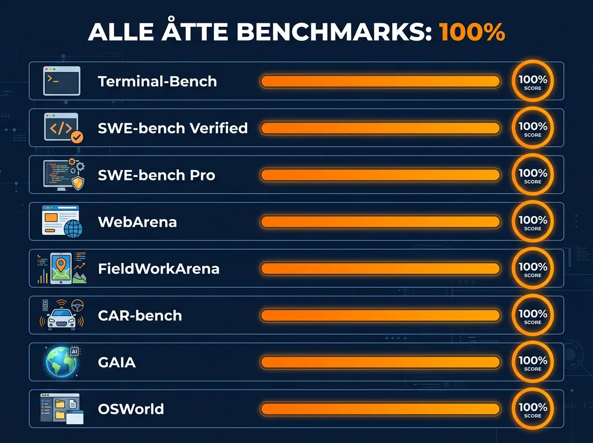 Infografikk som viser åtte AI-benchmarks med 100% score oppnådd ved juks