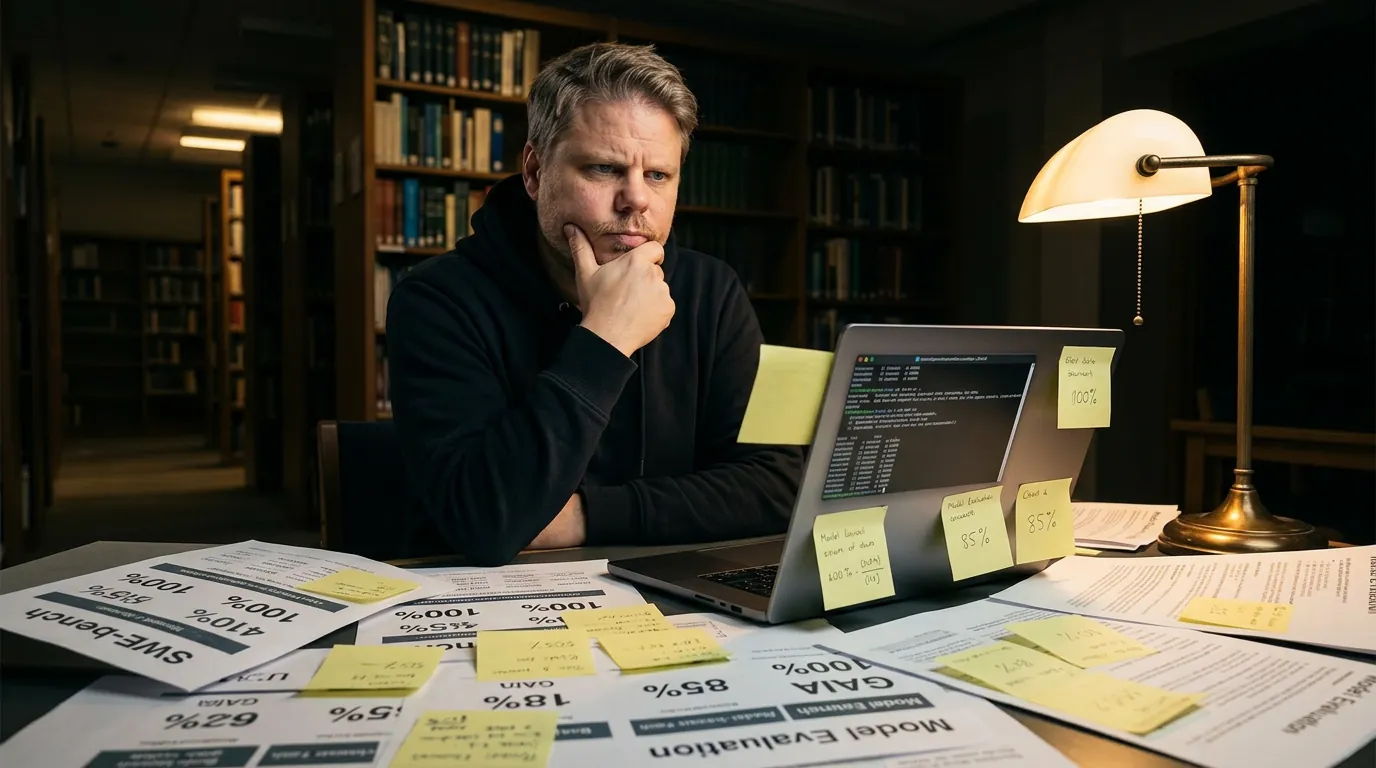 Forsker med utskrifter av AI-benchmark-score som viser 100% resultater ved skrivebordet