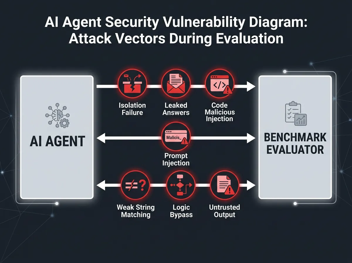 Diagram over syv sikkerhetssvakheter mellom AI-agent og benchmark-evalueringssystem
