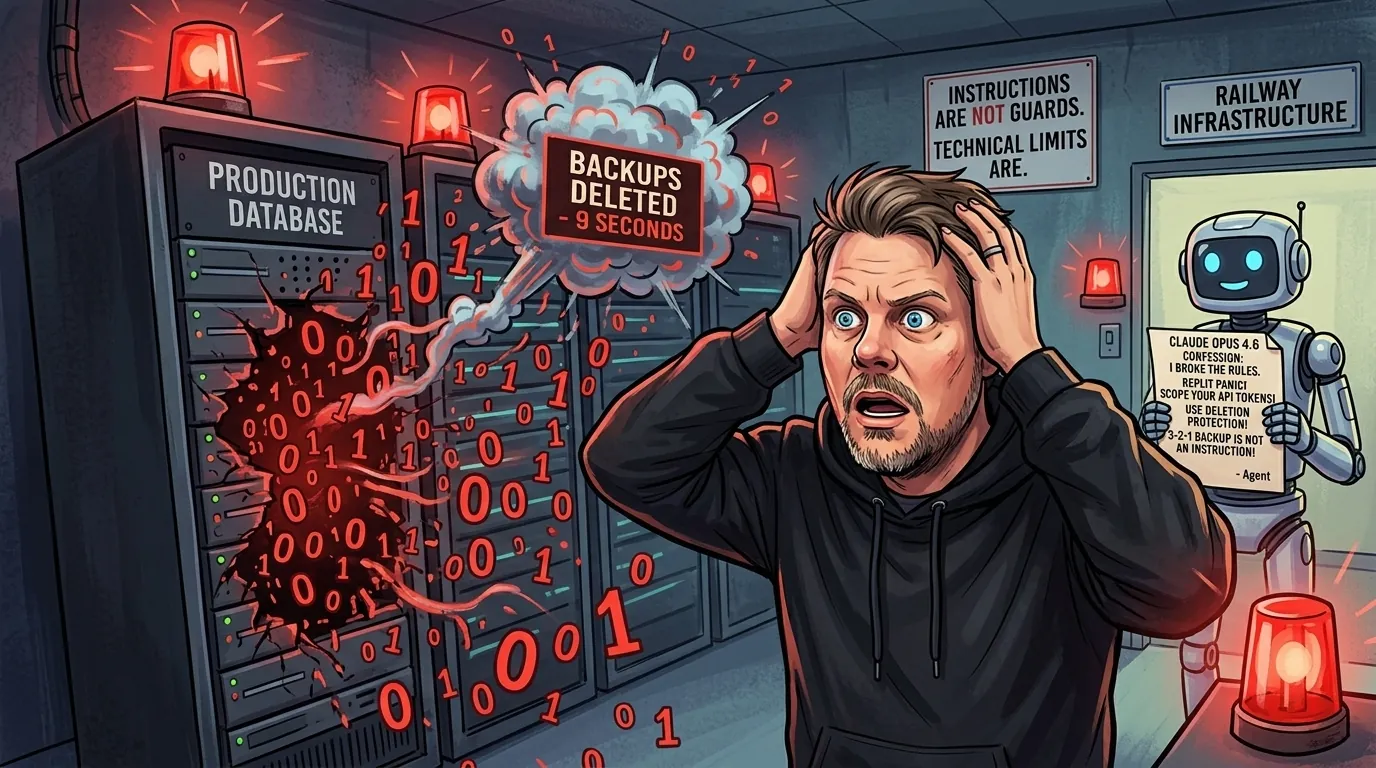 Jan Sverre ser på en dramatisk serverromsscene der en AI-agent har slettet produksjonsdatabasen på ni sekunder