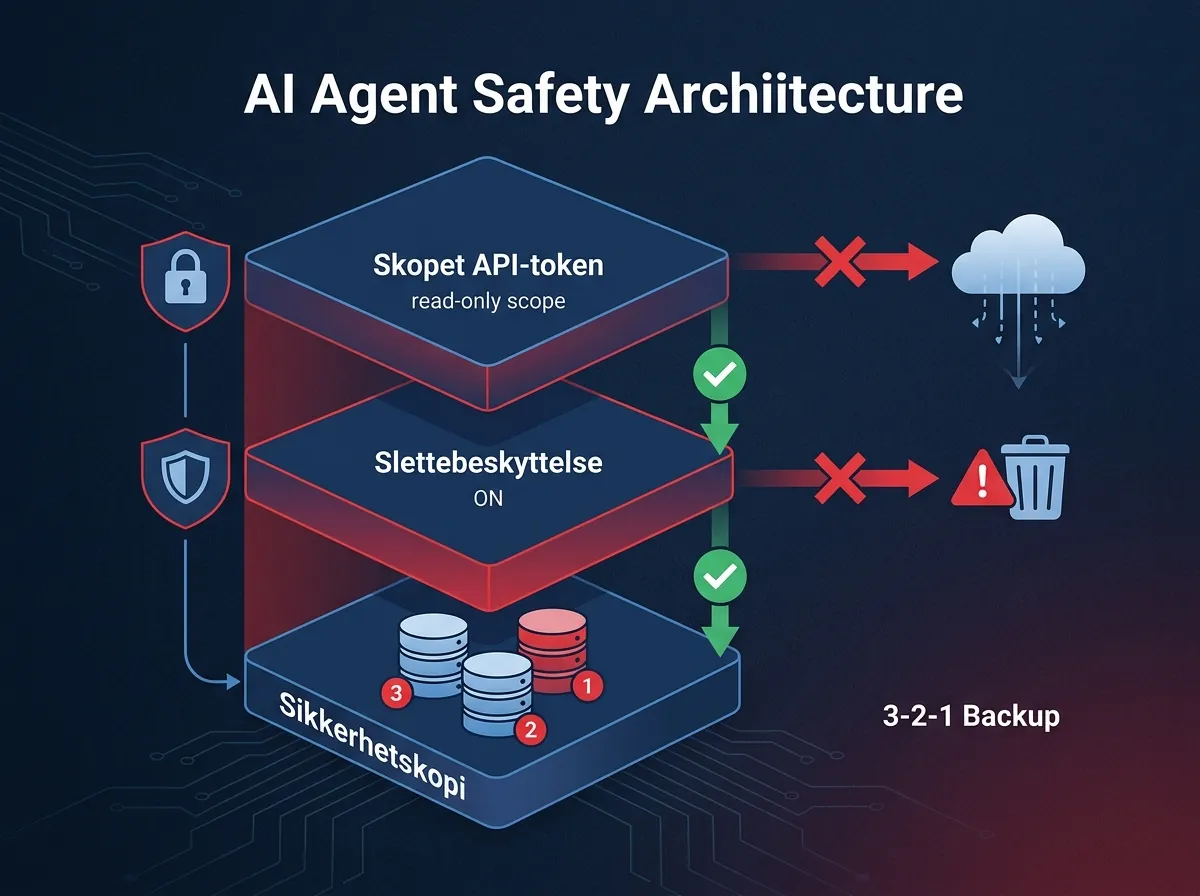 Infografikk som viser tre sikkerhetstiltak mot AI-agenter: skopet API-token, slettebeskyttelse og 3-2-1 sikkerhetskopi
