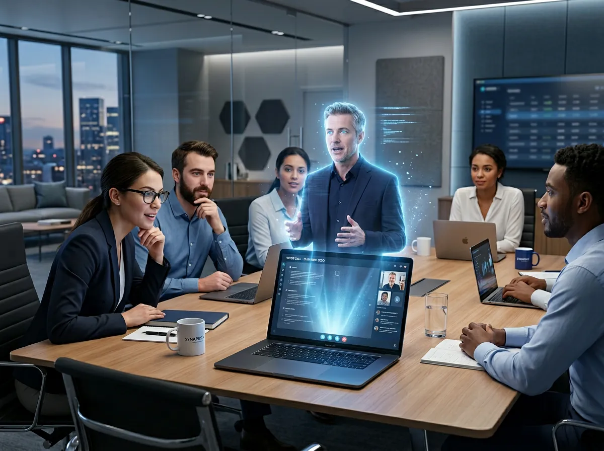 Holografisk 3D-avatar av tech-sjef vises på skjerm i videomøte med ansatte rundt konferansebord