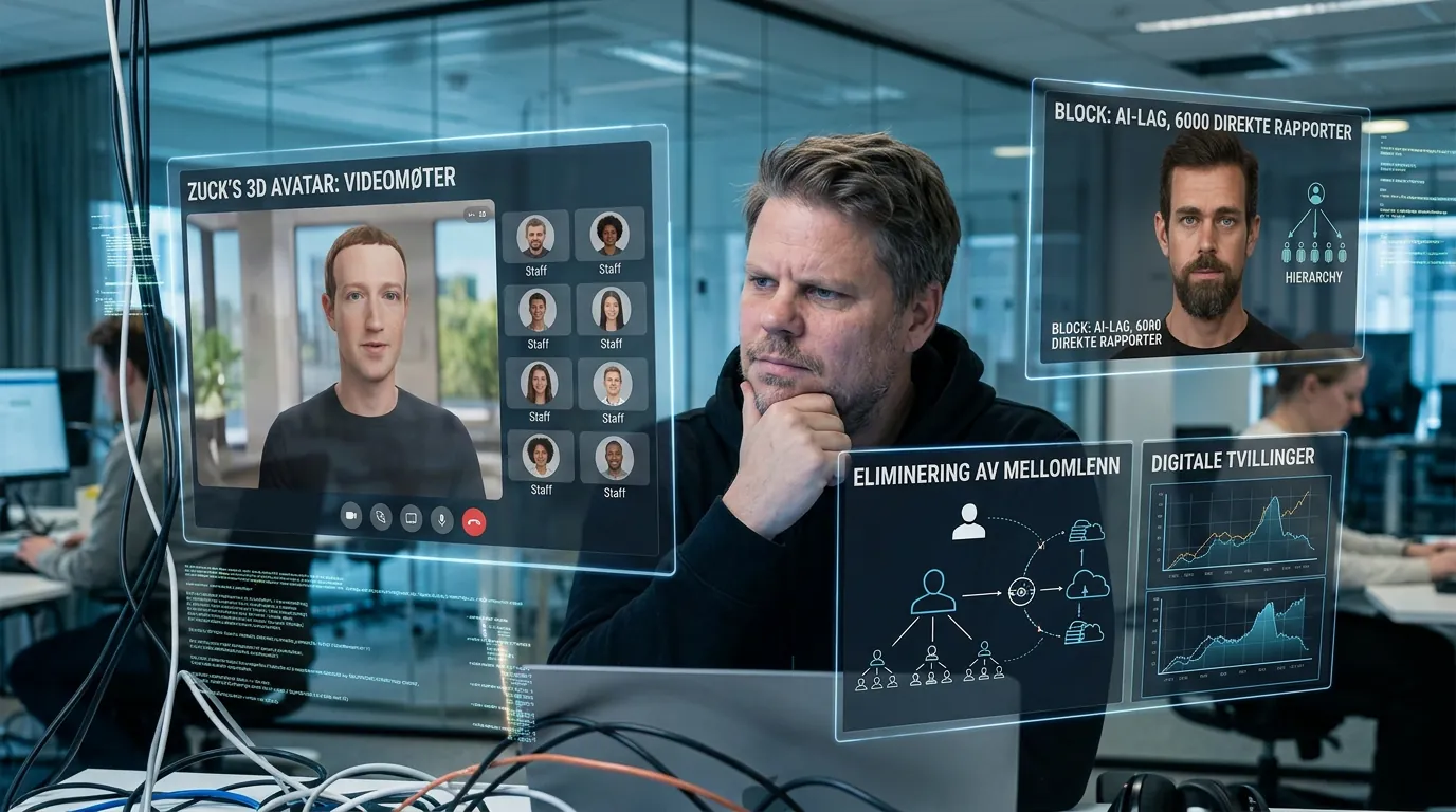 Jan Sverre ser på skjermer med digitale CEO-avatarer i videomøter - AI-kloner av tech-sjefer