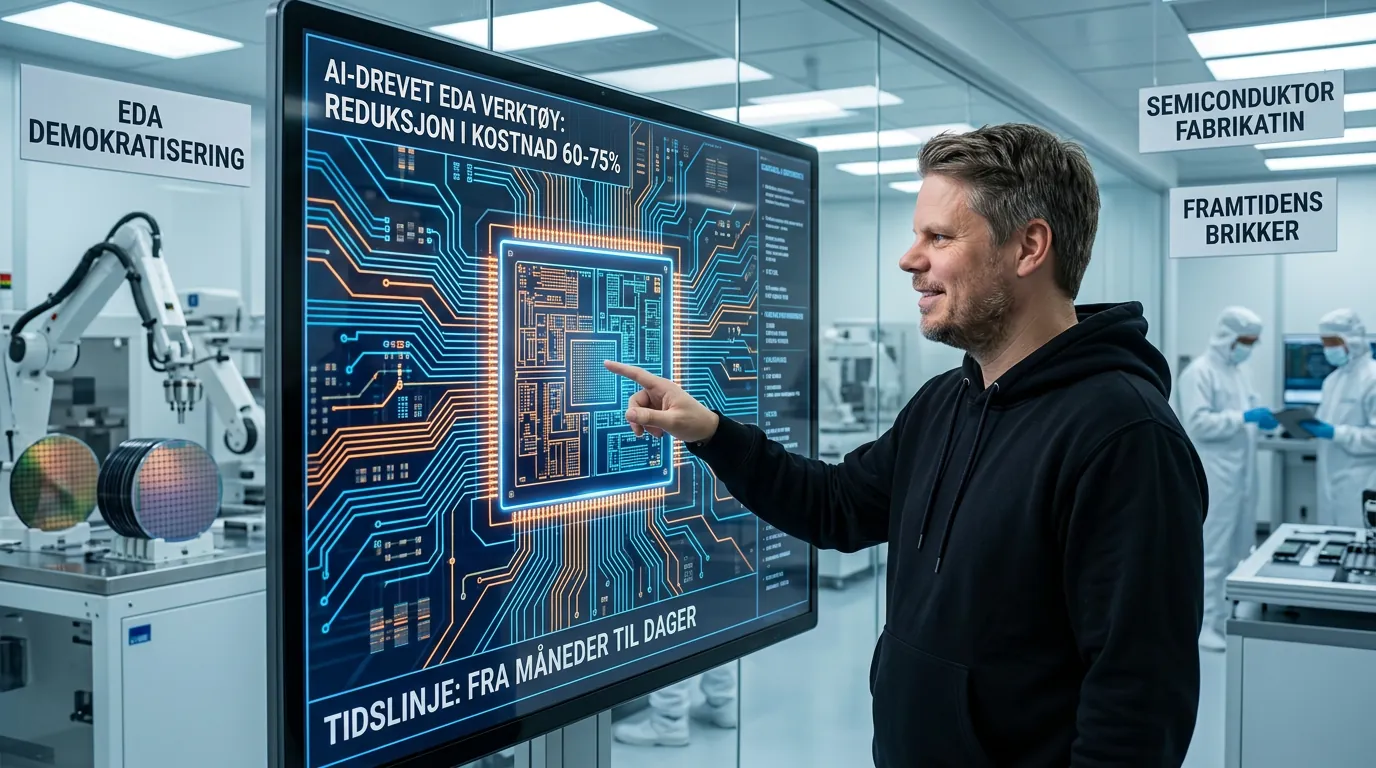 Jan Sverre studerer et AI-generert chip-layout på stor skjerm med halvlederfabrikk i bakgrunnen