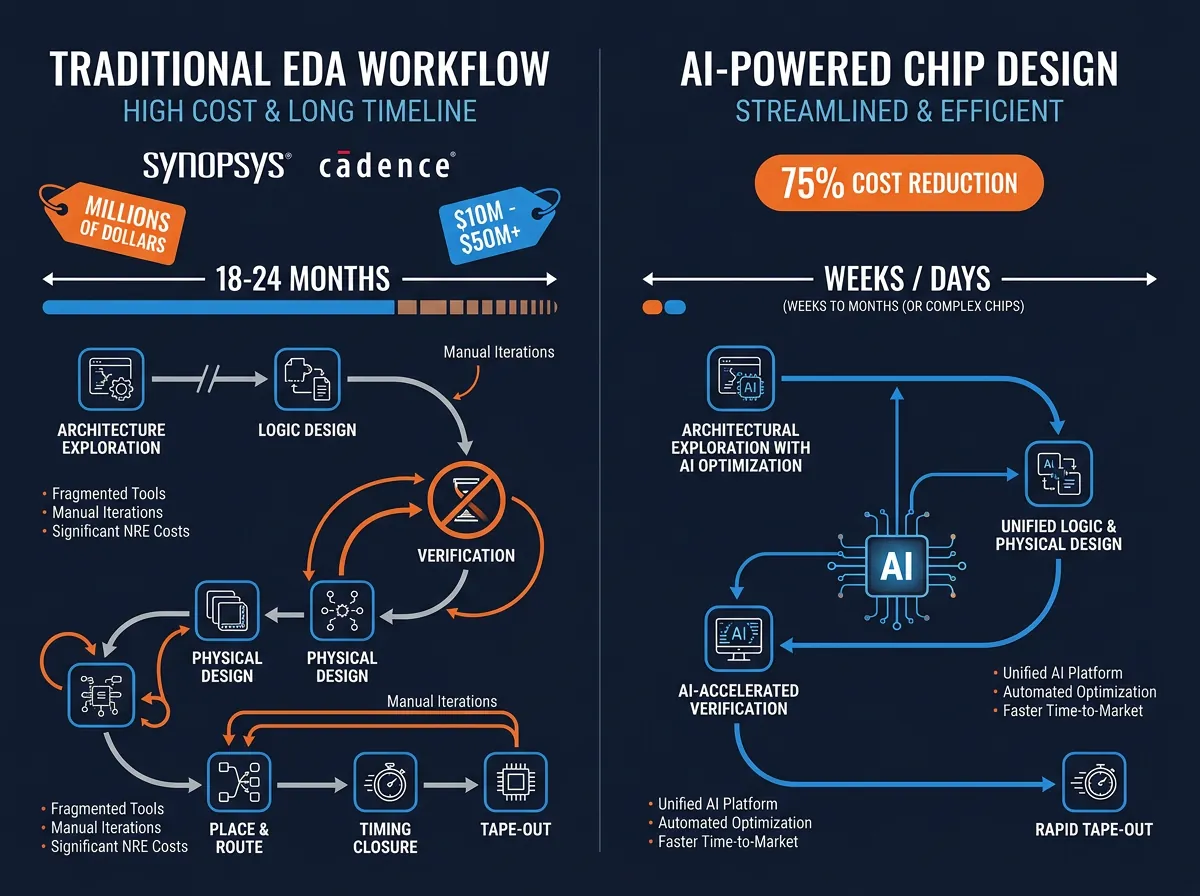 Infografikk som sammenligner tradisjonell EDA chip-design med AI-drevne verktøy - 75 prosent kostnadsreduksjon