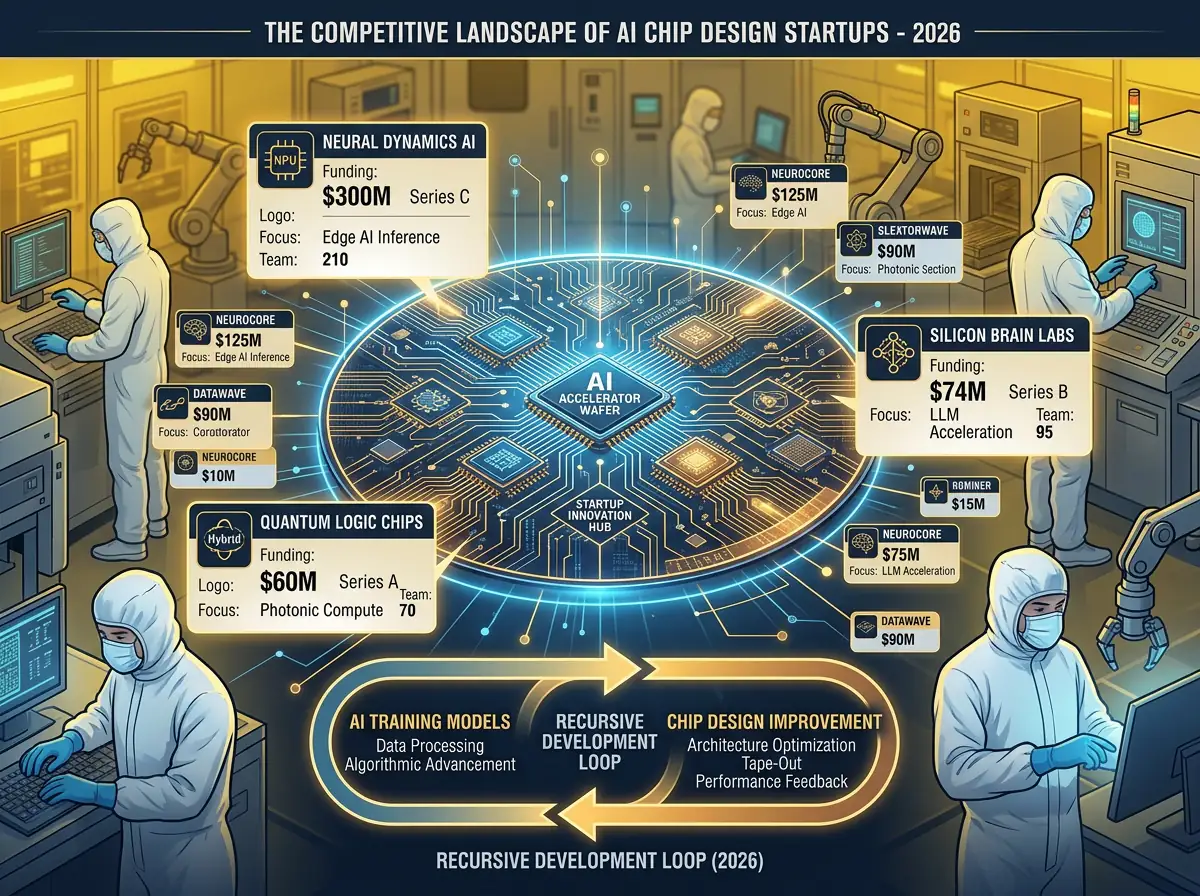 Illustrasjon av AI chip-design startup-landskap med Ricursive Intelligence, Cognichip og ChipAgents og deres finansieringsrunder