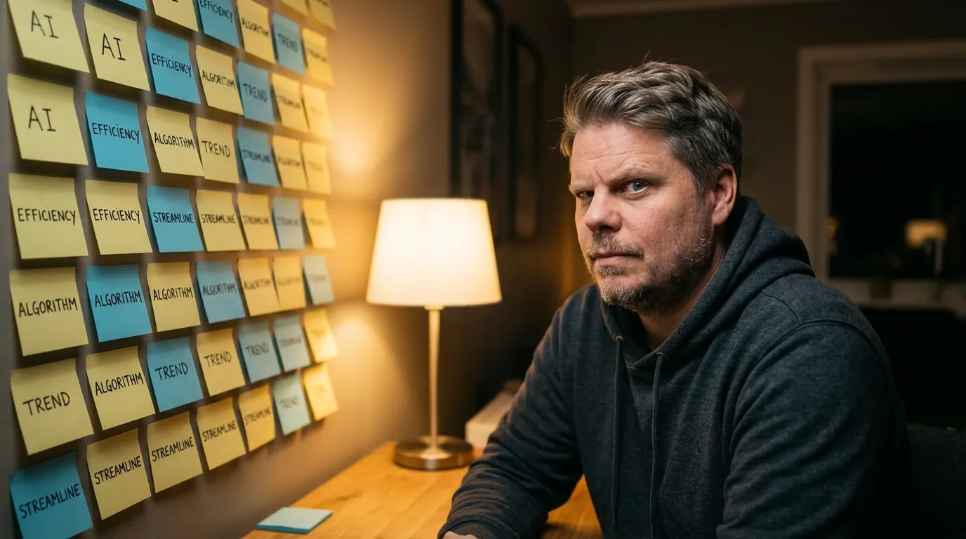 Jan Sverre ser på en vegg dekket av lapper med identiske ord - et bilde på AI-homogenisering av menneskelig tenking