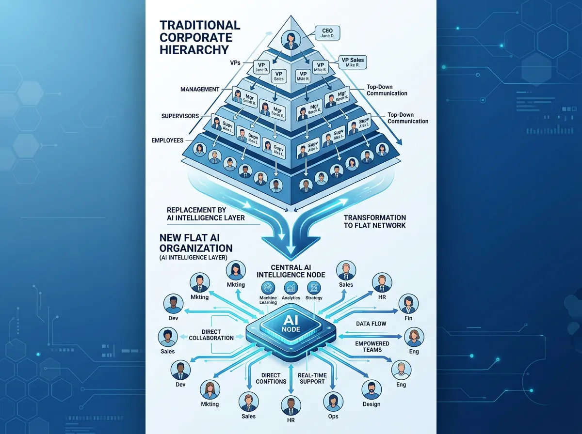 Infografikk som viser tradisjonell lederhierarki-pyramide erstattet av flat AI-intelligens-lag struktur