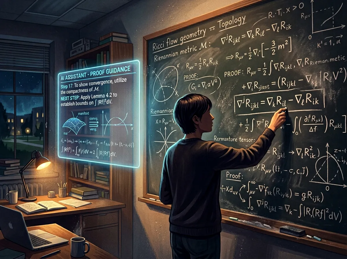 Matematiker ved tavle med ligninger og bevis mens AI-grensesnitt foreslår neste steg i beviset