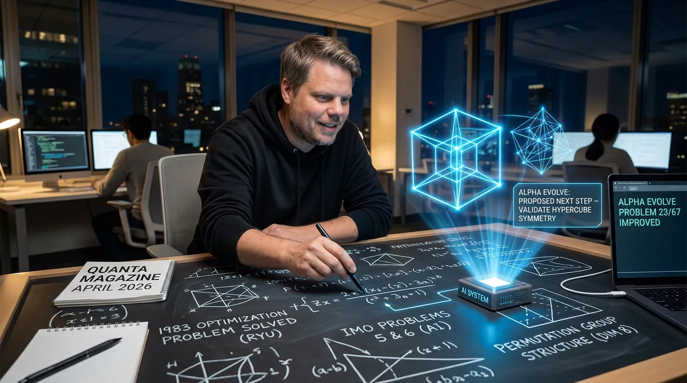 Jan Sverre ved matematikktavle med AI-hologrammer som visualiserer hyperkuber og ligninger