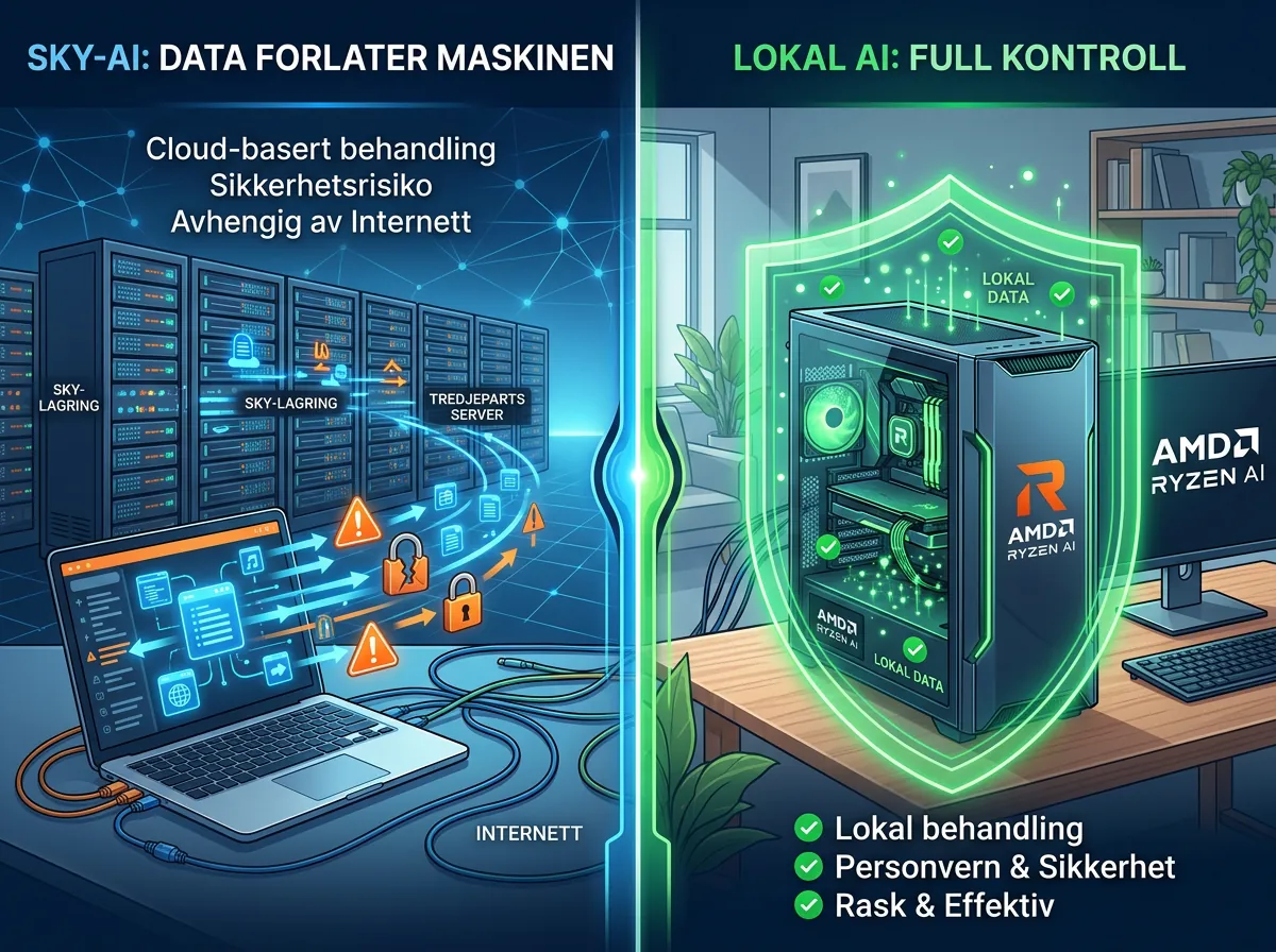 Sammenligning mellom sky-AI og lokal AI med GAIA - dataflyt og personvernkontroll illustrert