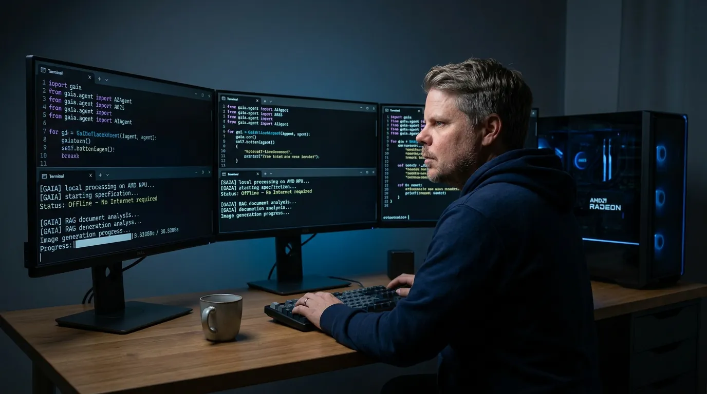 Jan Sverre ved AMD PC-rig som kjører GAIA AI-agenter lokalt uten skyavhengighet