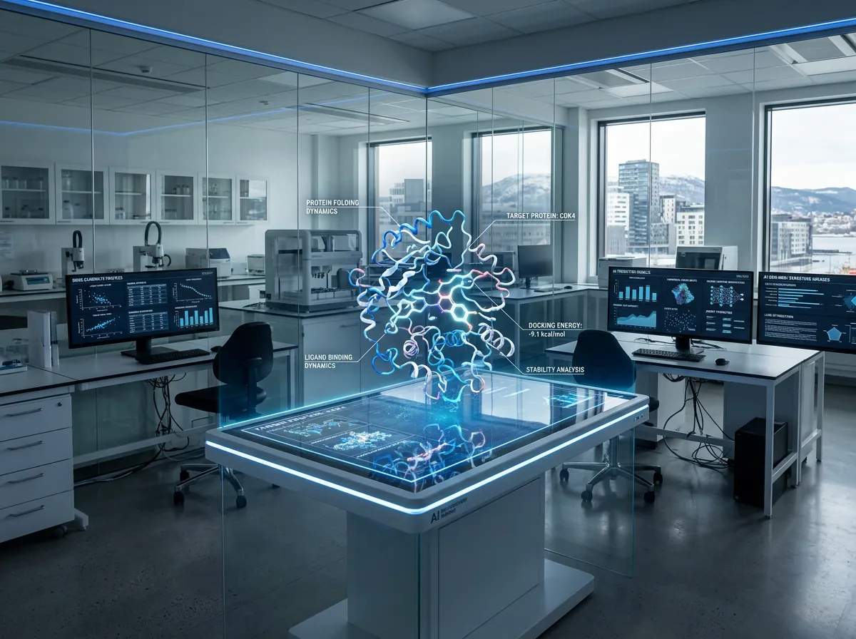 Futuristisk AI-drevet legemiddeloppdagelses-laboratorium med holografiske molekylstrukturer og proteinfoldingsdata på skjermer