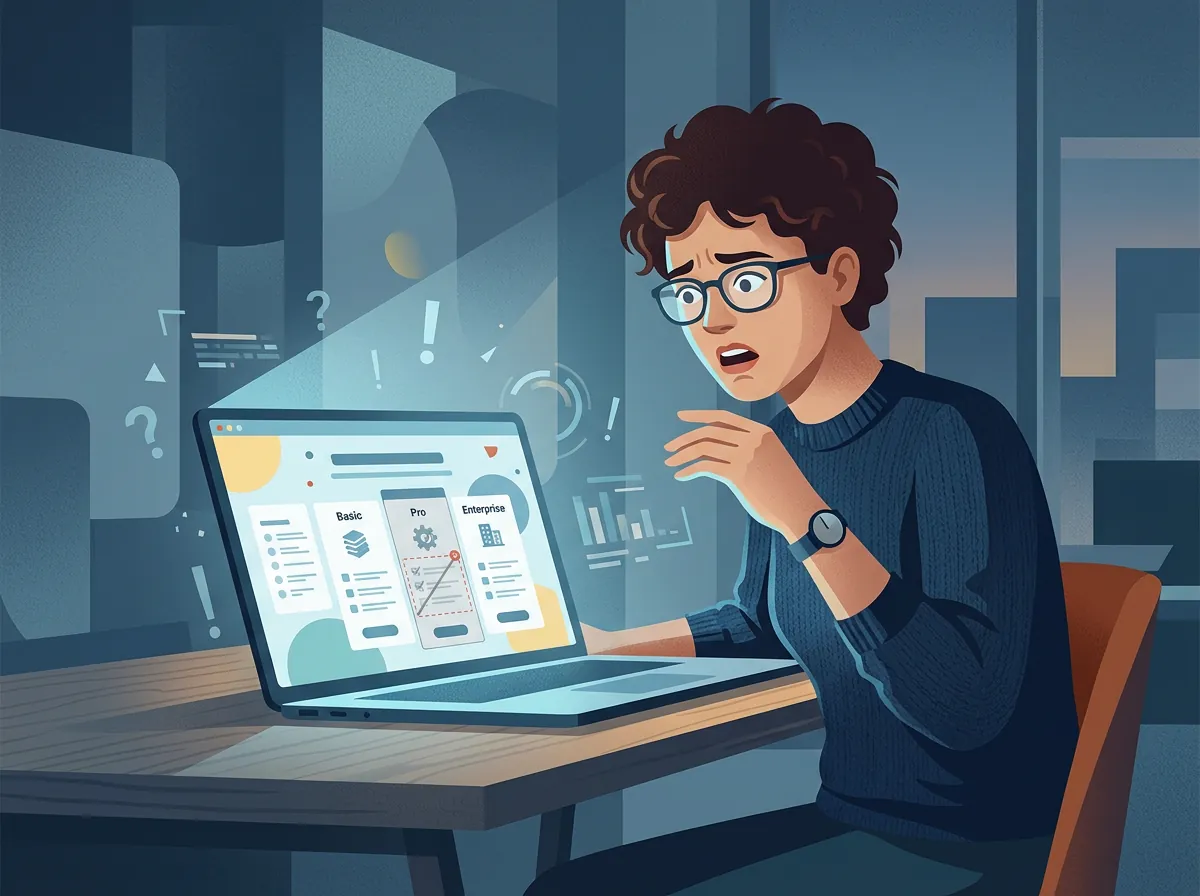 Illustrasjon av bruker som oppdager at en funksjon er fjernet fra abonnementsplanen sin