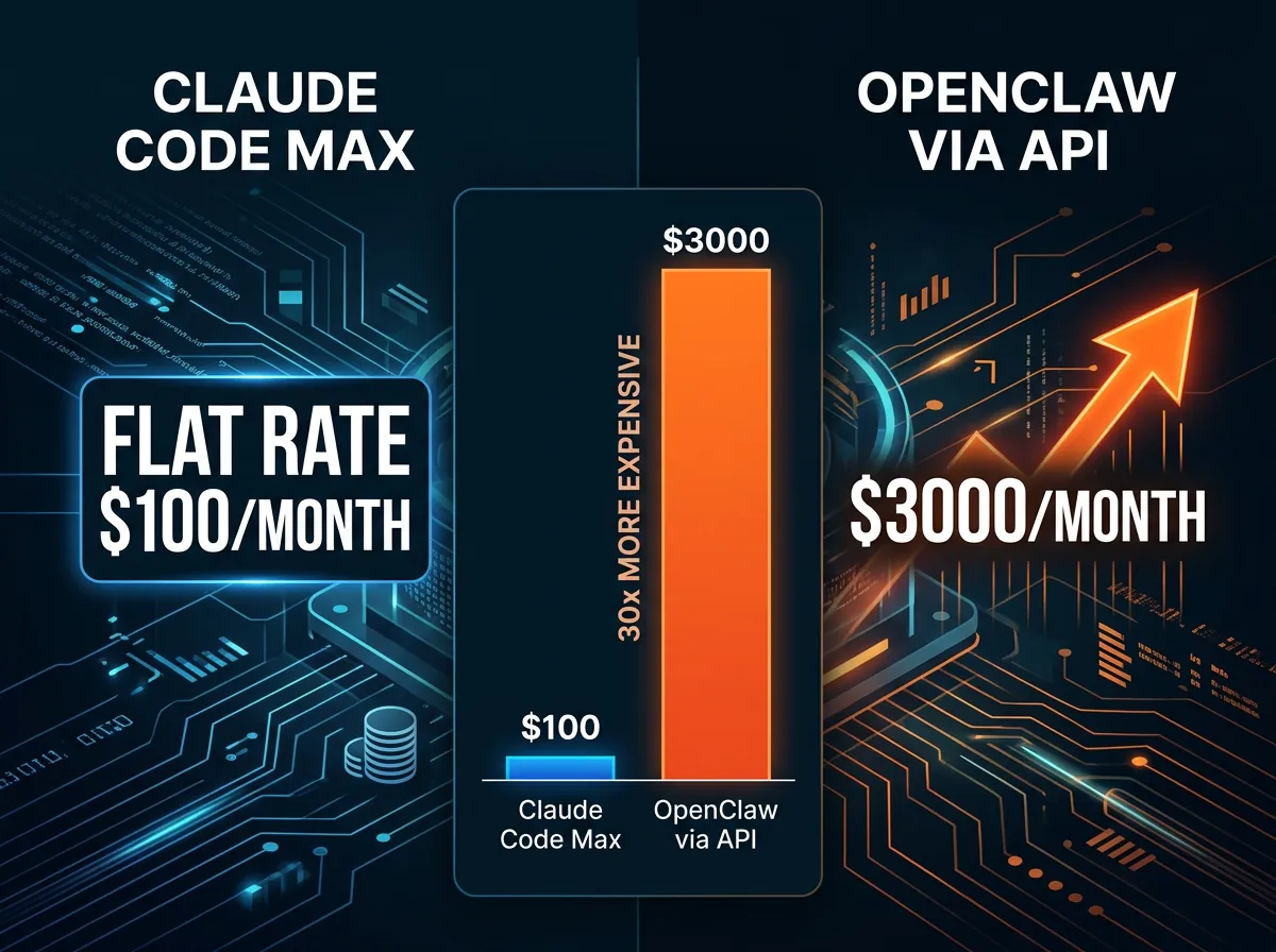 Infografikk som sammenligner kostnaden mellom Claude Code Max til 100 dollar per måned og OpenClaw via API til 3000 dollar per måned