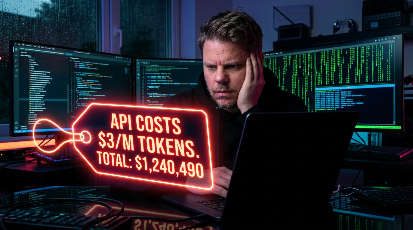 Mann i hettegenser stirrer på høye API-kostnader på skjermen etter Anthropics prisendring for OpenClaw