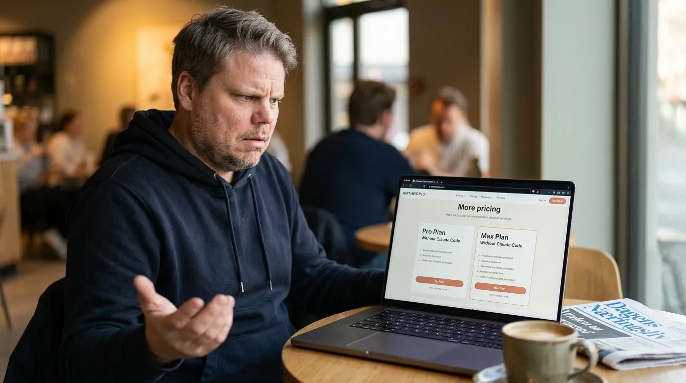 Jan Sverre ser skeptisk på laptop etter at Anthropic fjernet Claude Code fra Pro-planen