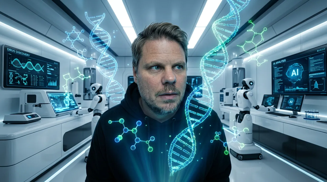 Jan Sverre utforsker holografiske molekylstrukturer i et futuristisk AI-biotek-laboratorium etter Anthropics oppkjøp av Coefficient Bio