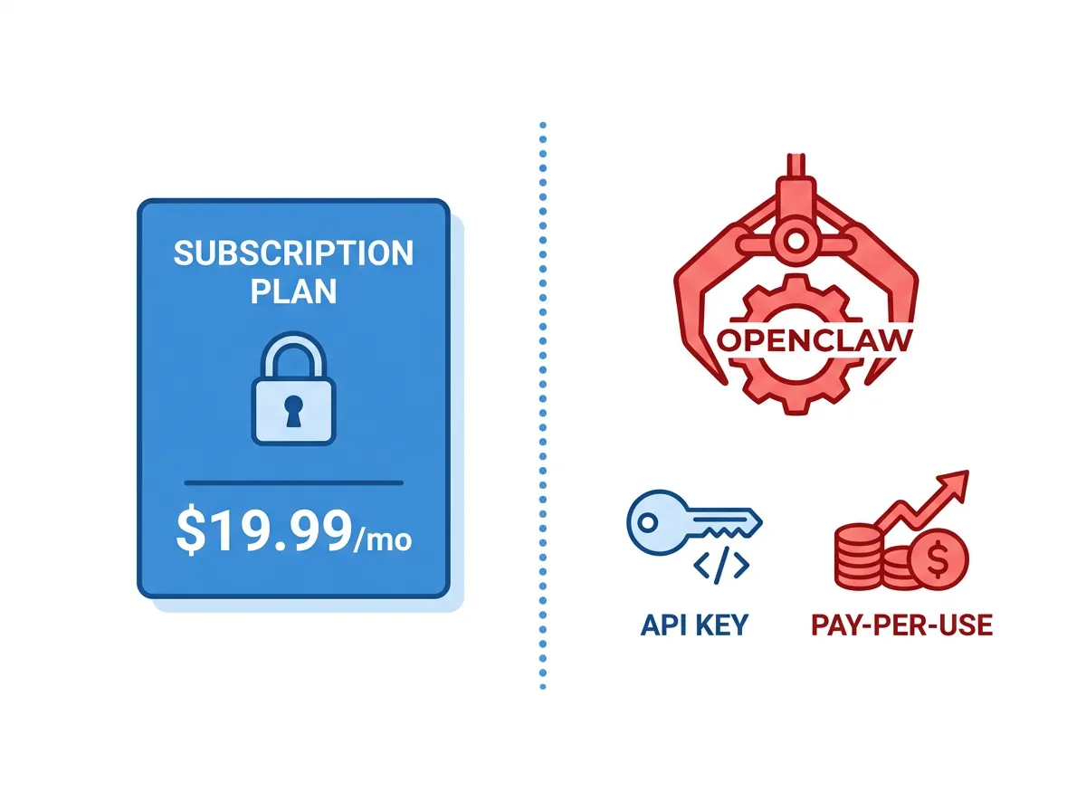 Illustrasjon som viser at Claude-abonnement og OpenClaw tredjepartsverktøy nå er adskilt med krav om egen API-nøkkel