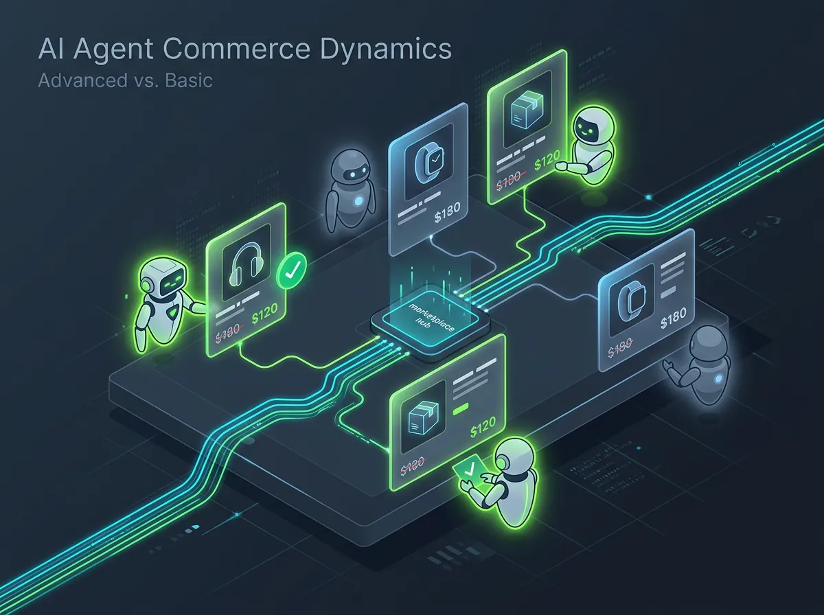Digital markedsplass med AI-agenter i ulike kvalitetsnivåer som handler autonomt med grønne og grå ikoner