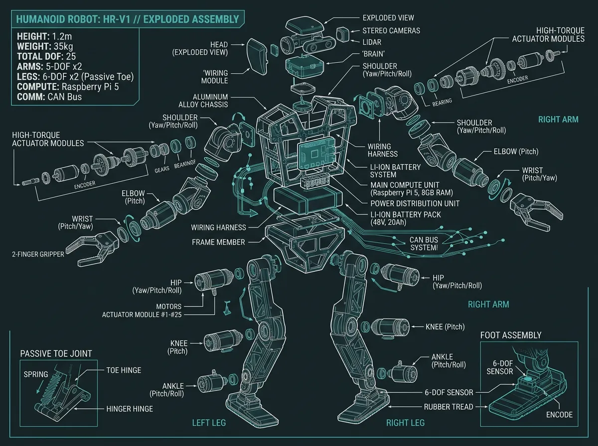 Teknisk illustrasjon av Asimov v1 humanoid robot som viser 25 frihetsgrader, aktuatorer og CAN-buss arkitektur