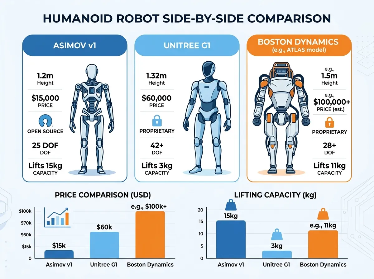 Infografikk som sammenligner pris og løftekapasitet for Asimov v1 til 15 000 dollar mot Unitree G1 til 60 000 dollar