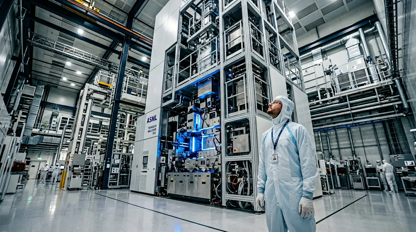 Mann i mørk hettegenser ser opp mot en gigantisk ASML EUV-litografimaskin i et halvlederfabrikk