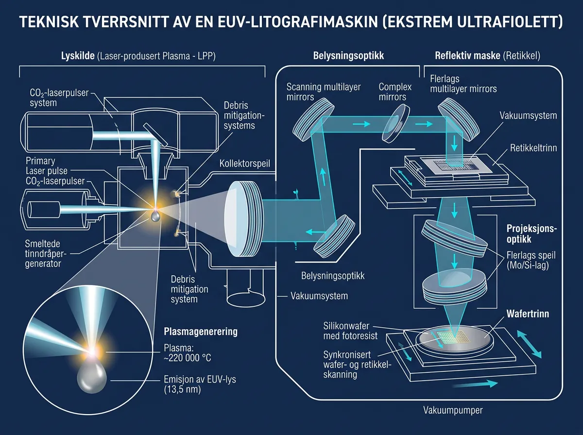 Teknisk diagram som viser hvordan ASML EUV-maskin genererer 13,5 nanometer lys via tinn-plasma ved 220 000 grader