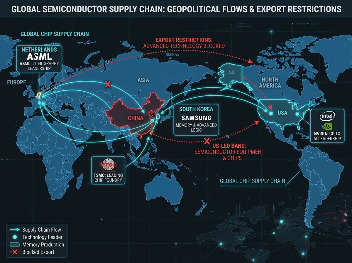 Verdenskart som viser halvleder-verdikjeden med ASML i Nederland, TSMC i Taiwan og eksportkontroll mot Kina