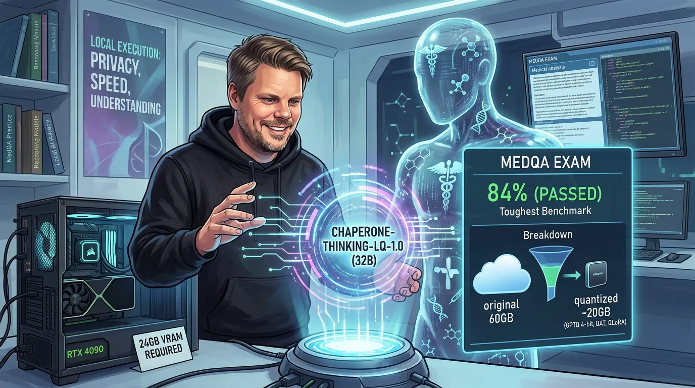 Jan Sverre utforsker Chaperone-Thinking-LQ-1.0, den medisinske AI-modellen som scorer 84% på legeeksamen-benchmarket MedQA og kjører lokalt på 20GB
