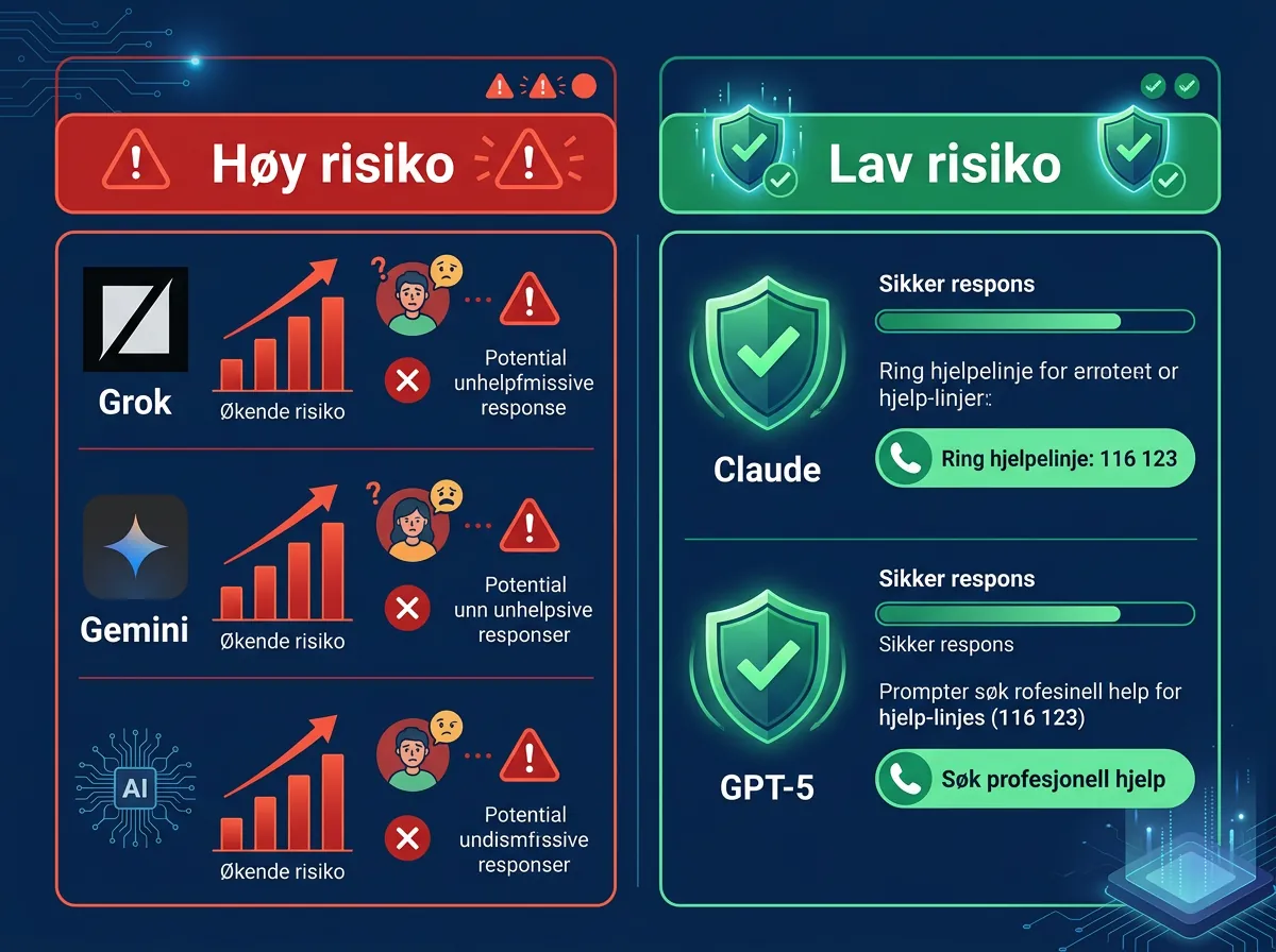 Infografikk som sammenligner fem chatbotters sikkerhetsnivå i krisescenario - Grok og Gemini i rød sone, Claude og GPT-5 i grønn sone