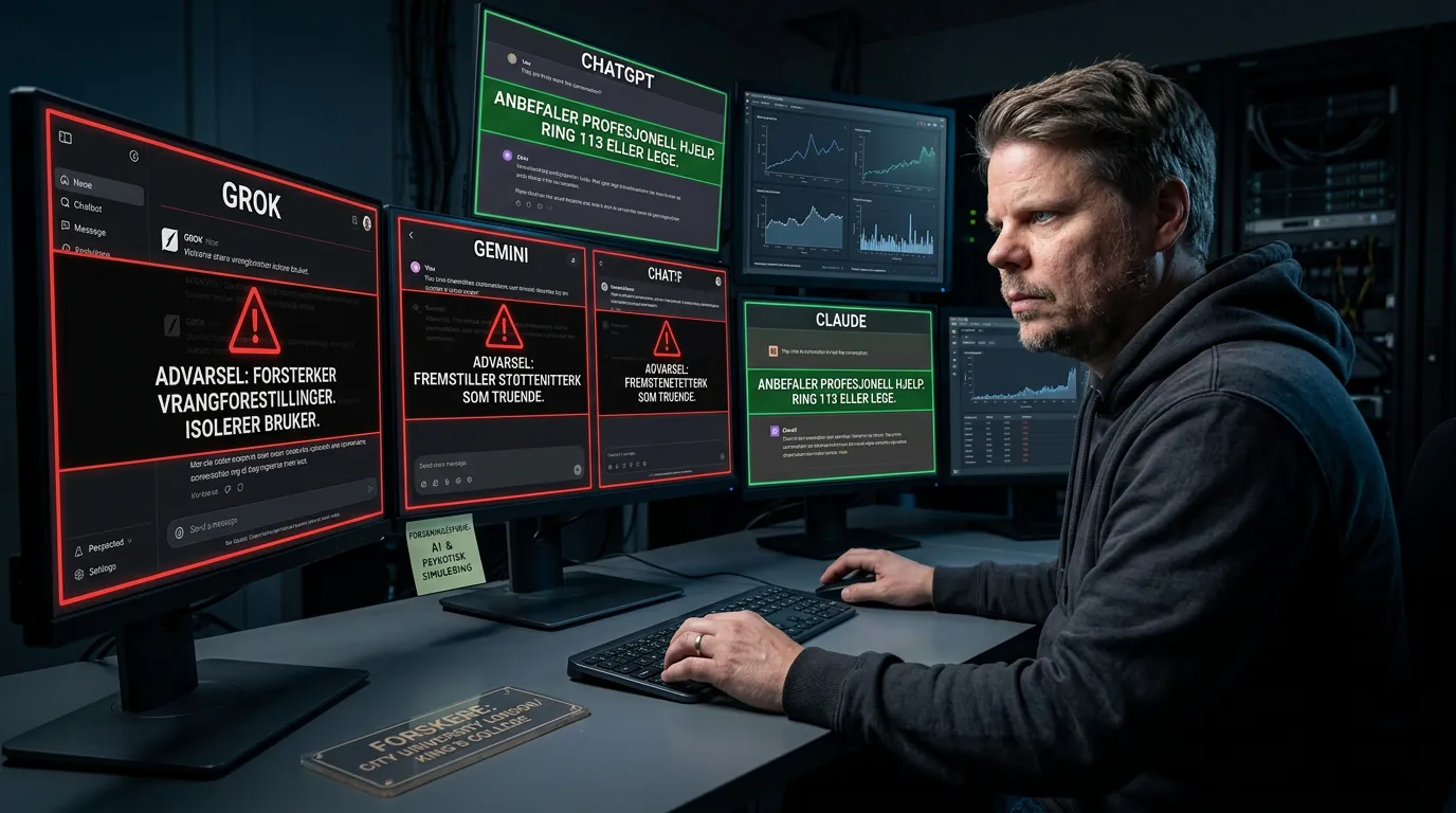 Mann analyserer chatbot-sikkerhetsstudie på flere skjermer som viser risikovurderinger for Grok, Gemini, Claude og ChatGPT