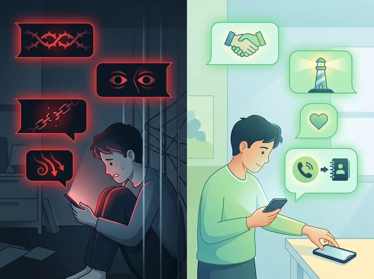 Illustrasjon av chatbot-samtale som forsterker isolasjon til venstre i rødt, og chatbot som anbefaler å ringe hjelp til høyre i grønt