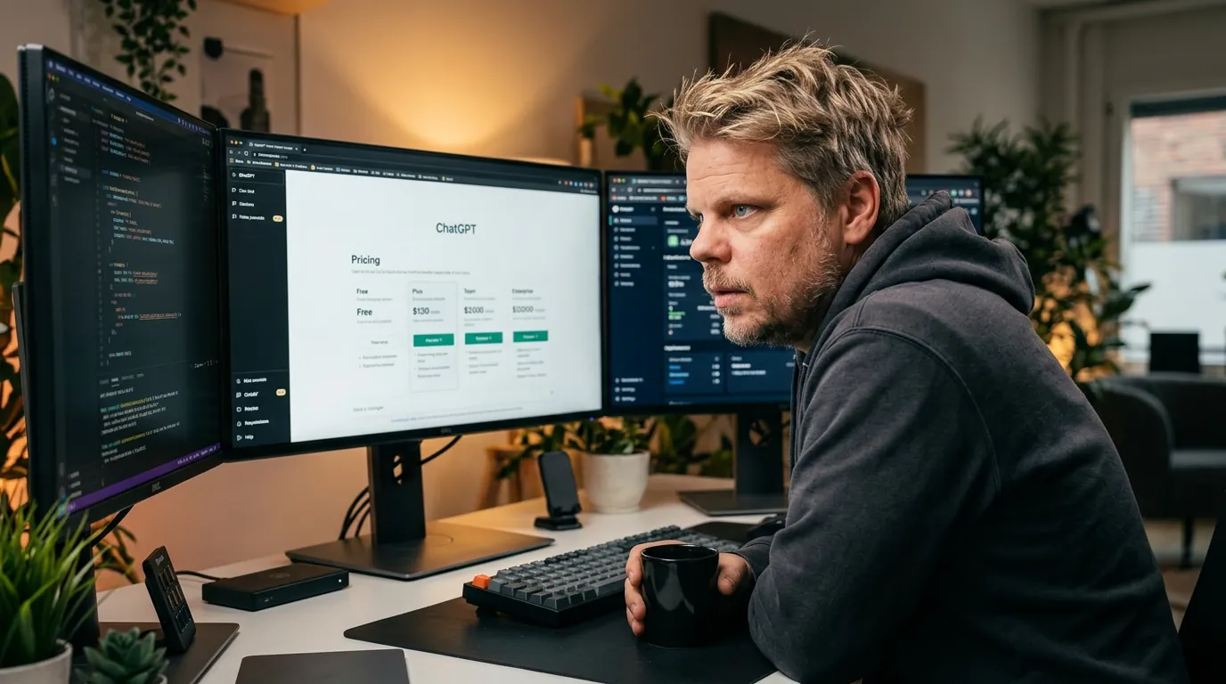 Jan Sverre studerer ChatGPT Pro-priser og Codex-abonnement på skjermen i hjemmekontoret