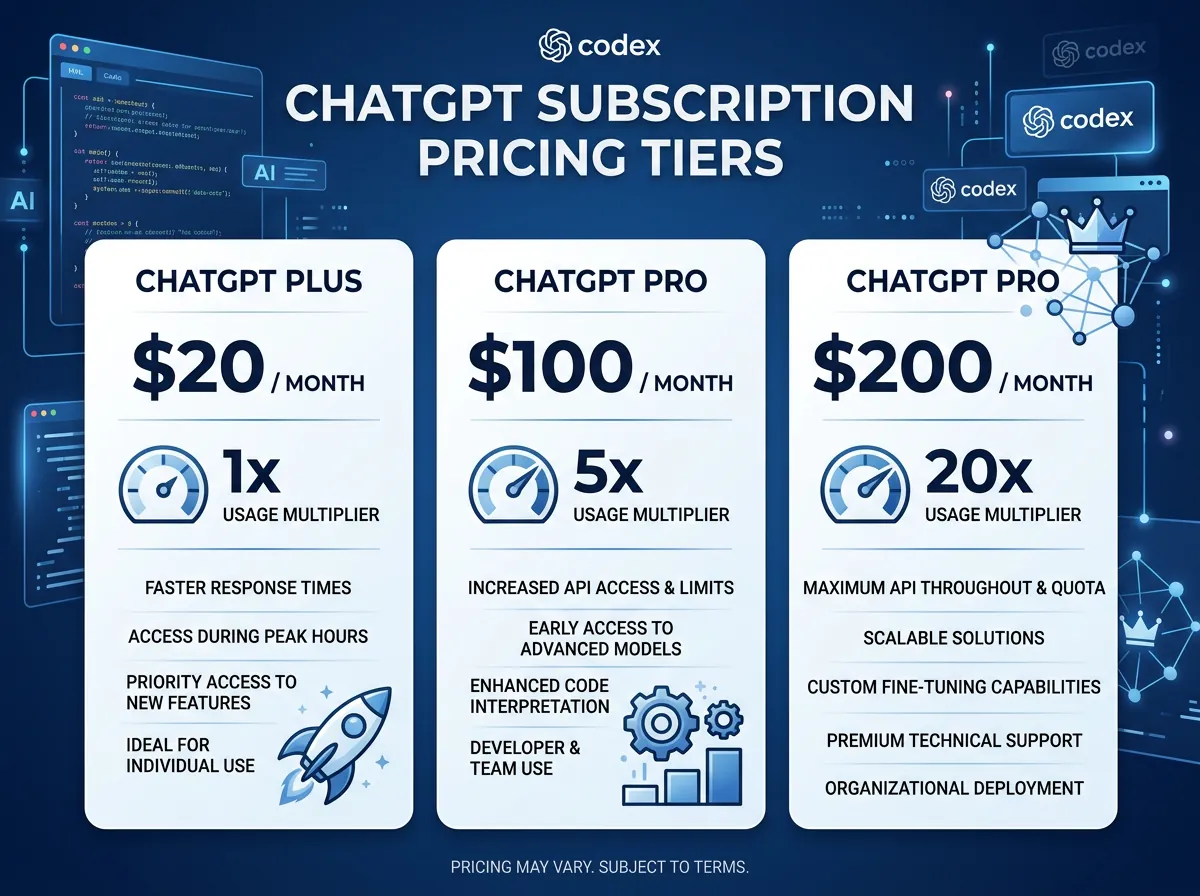 Infografikk som sammenligner ChatGPT Plus, Pro 100 dollar og Pro 200 dollar med bruksgrenser og Codex-kapasitet