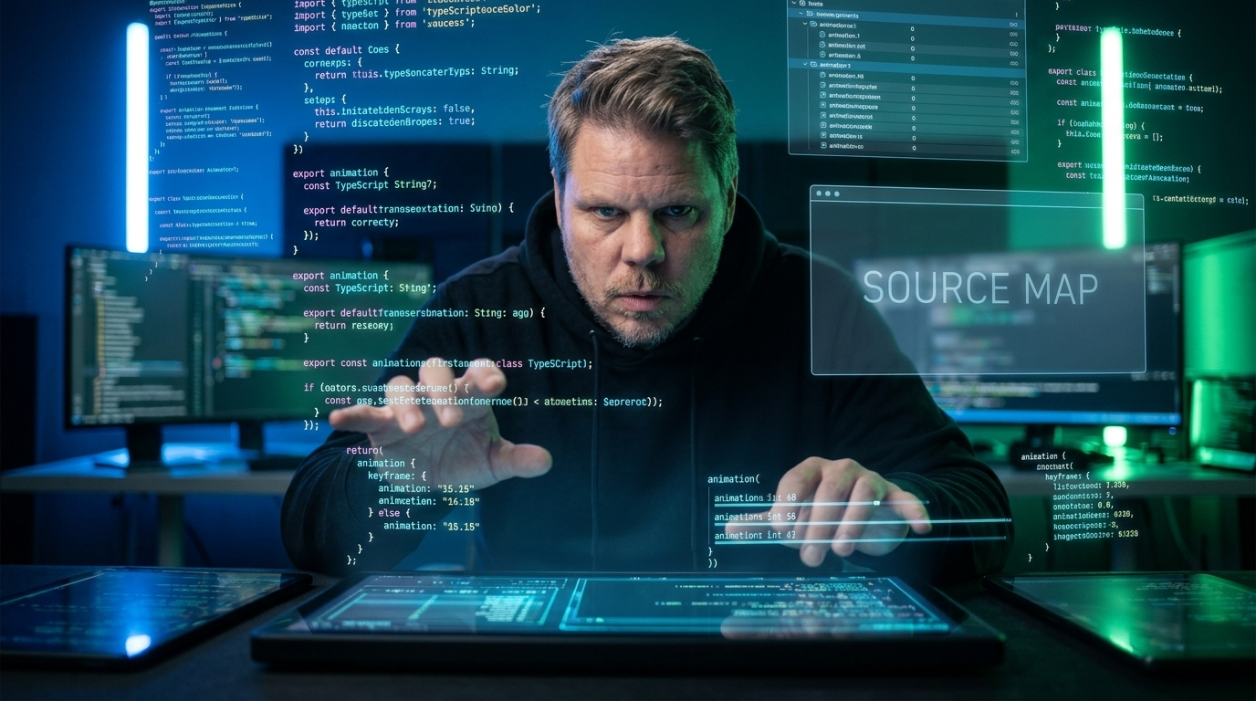 Jan Sverre Bauge analyserer Claude Code sourcemap med TypeScript-kode og animasjonskeyframes på holografiske skjermer