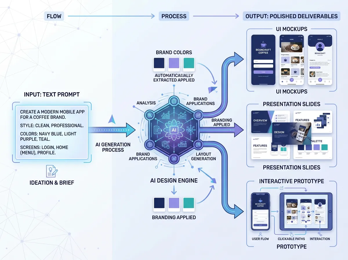 Infografikk som viser AI-arbeidsflyt fra tekstprompt til ferdige UI-prototyper og slides i Claude Design