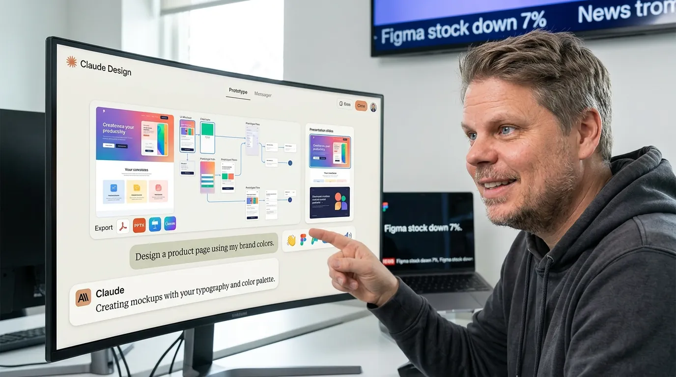 Jan Sverre ser på skjerm som viser Claude Design grensesnitt med fargerike UI-prototyper og slides generert av Anthropic AI