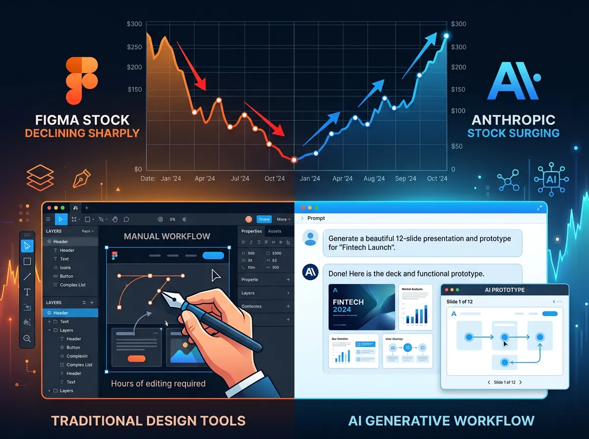 Illustrasjon av Figma-aksjen som faller mens AI-designverktøy som Claude Design vokser frem som alternativ til tradisjonelle designprogrammer