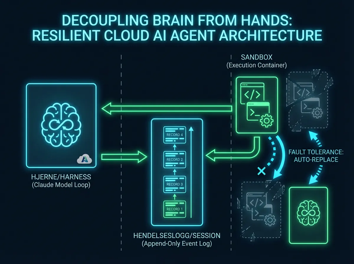 Arkitekturdiagram som viser decoupling av harness, hendelseslogg og sandbox i Claude Managed Agents